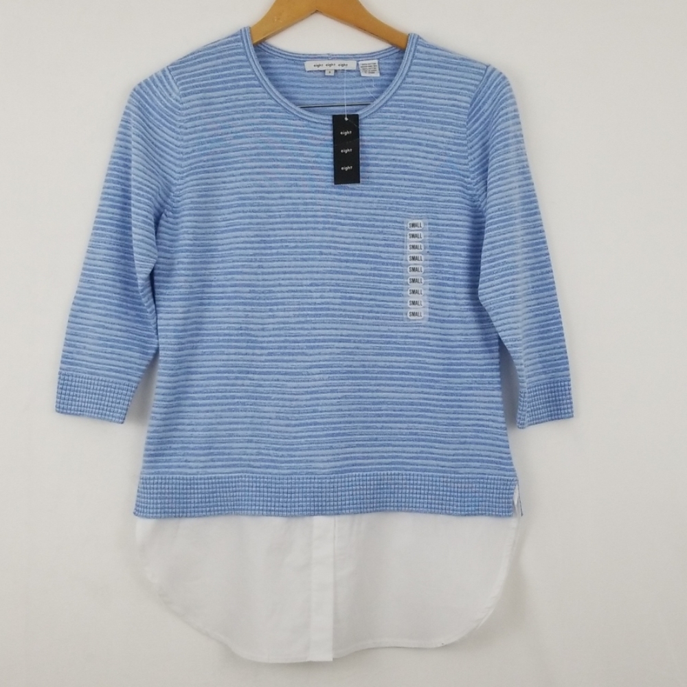 Eight eight eight 100% Cotton Layered Woven Shirt Tail 3/4 sleeve Sweater